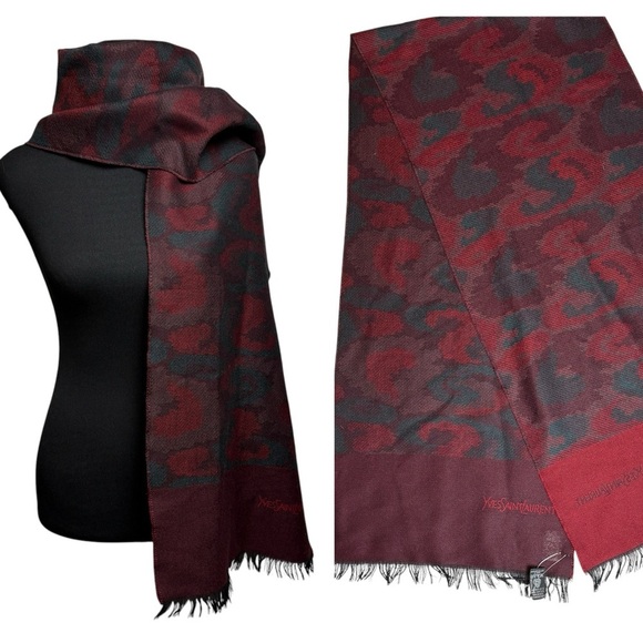 VTG YSL Yves Saint Laurent West Germany Wool Scarf Burgundy Teal Quiet Luxury - Picture 1 of 13